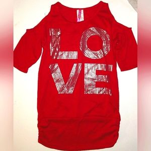 ☆Like New☆Beautiful Deep Red "LOVE" Cold Shoulder Pleated Size Top 10-12 Medium
